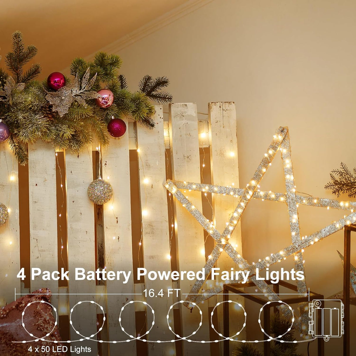 echosari 4 Pack Battery Operated Fairy Lights (Warm White)