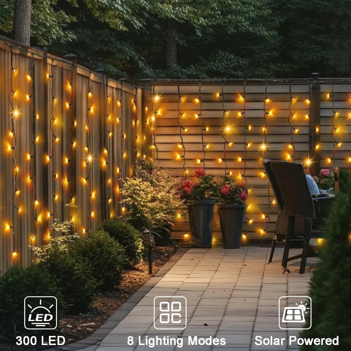 echosari 19.6ft x 3.3ft 300 LED Solar Curtain Lights(Warm White)