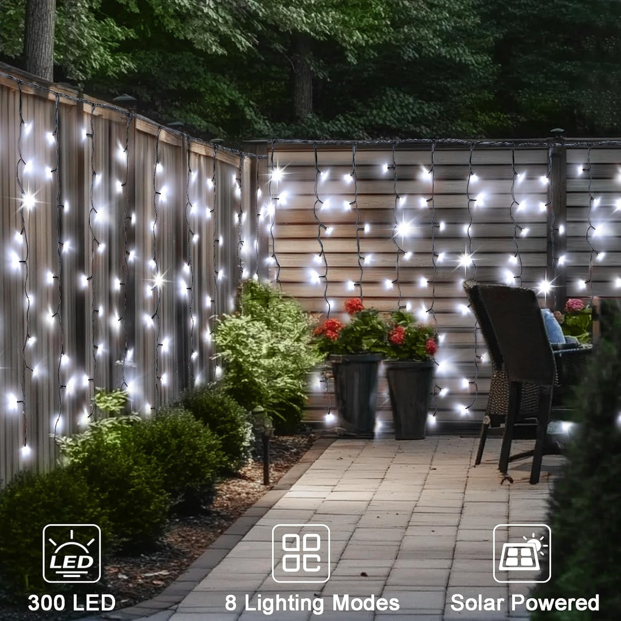 echosari 19.6ft x 3.3ft 300 LED Solar Curtain Lights (Cool White)