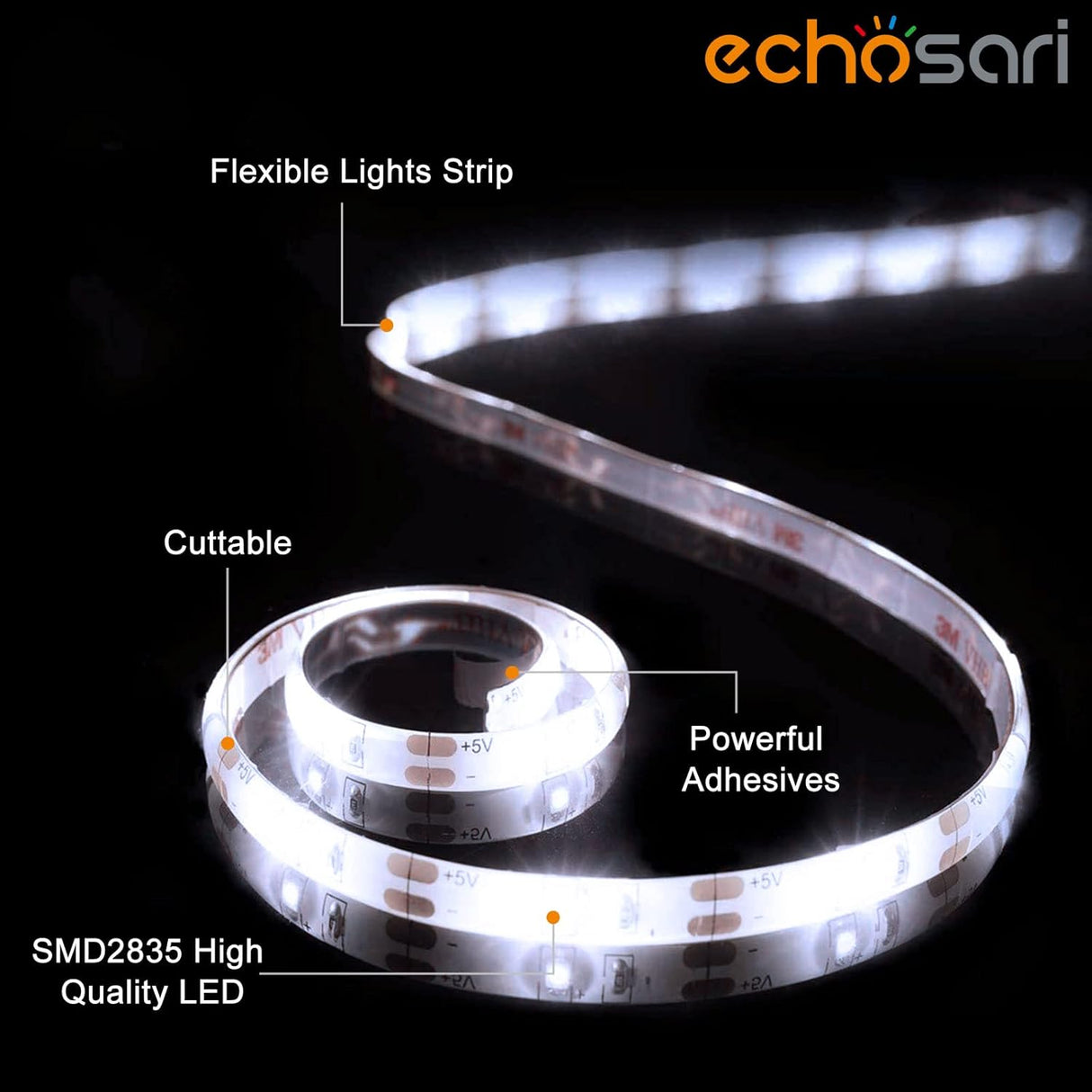 echosari Battery Powered Led Strip Lights 9.8ft 90Led(Cool White)