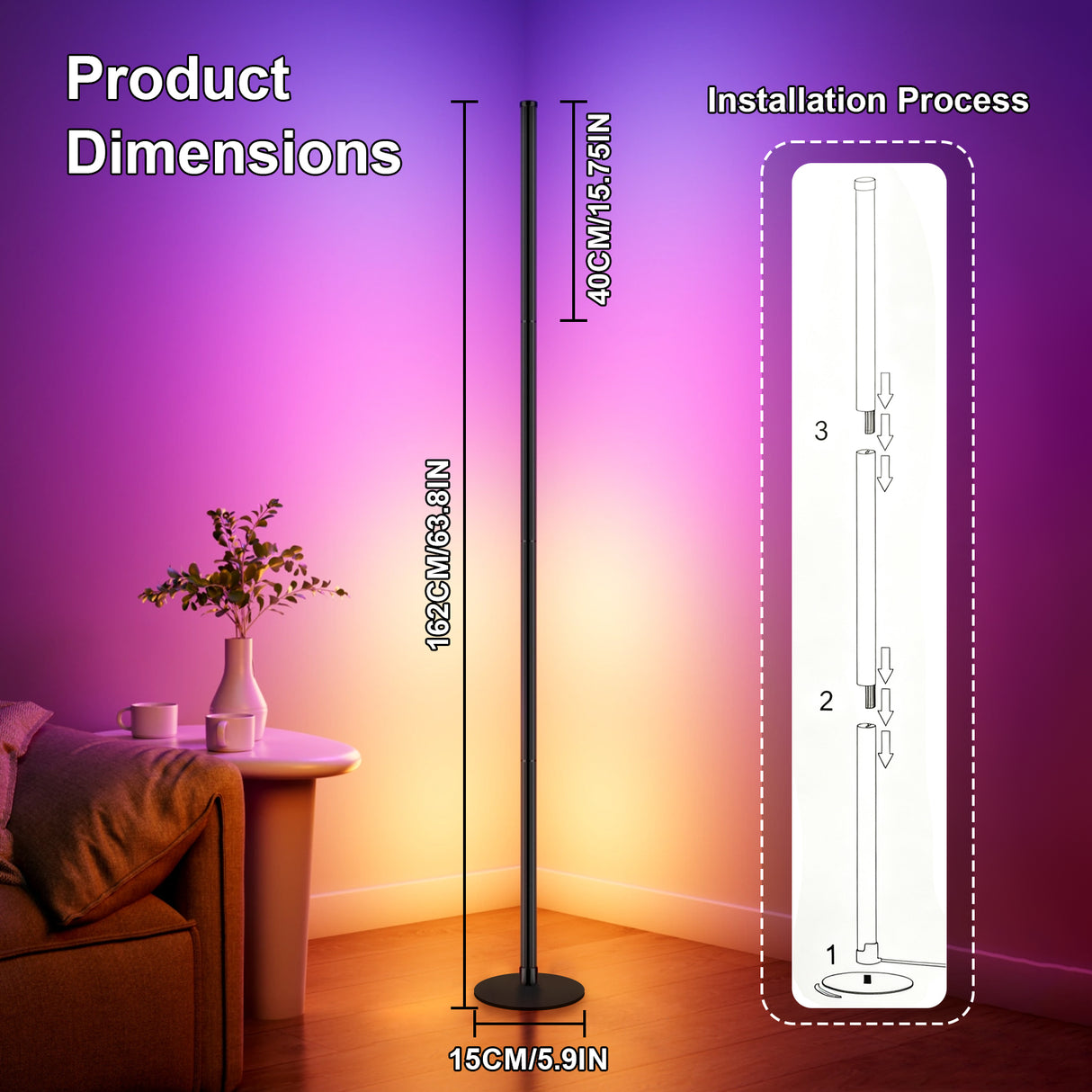 echosari Smart RGBICW LED Corner Floor Lamp