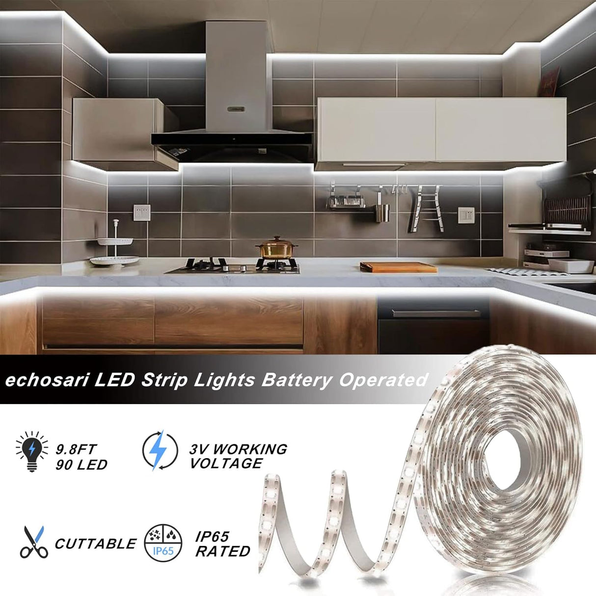 echosari Battery Powered Led Strip Lights 9.8ft 90Led(Cool White)