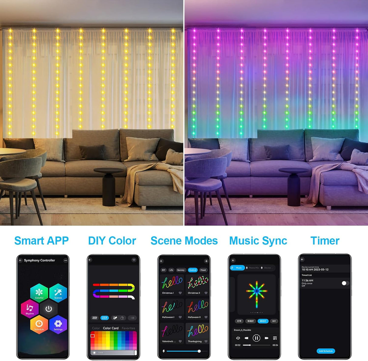 echosari Smart RGB Curtain Lights with Music Sync App
