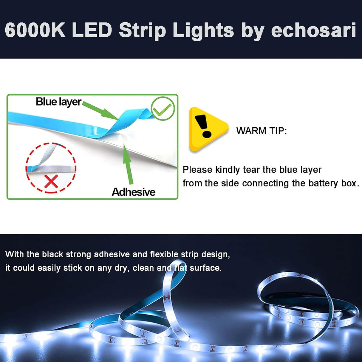 echosari Battery Powered Led Strip Lights 9.8ft 90Led(Cool White)