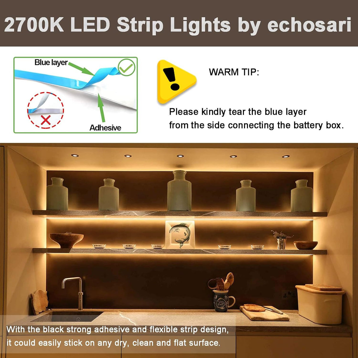 echosari Battery Powered Led Strip Lights 9.8ft 90Led(Warm White)