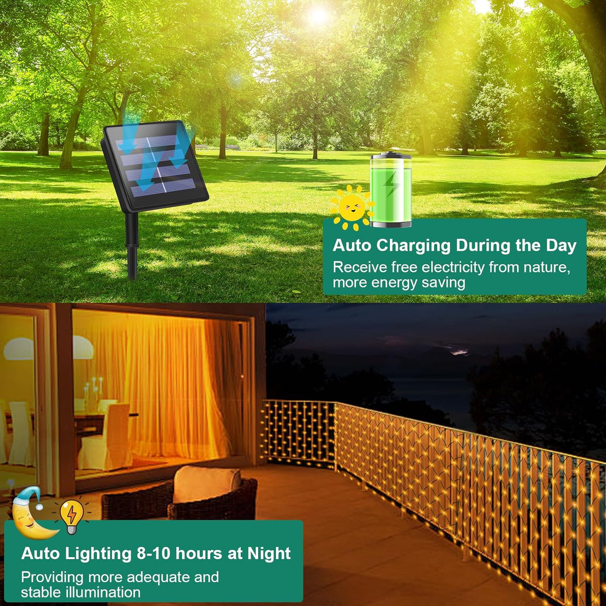 echosari Solar Powered Net Lights 200 LED 9.8Ft x 6.6Ft(Warm White)