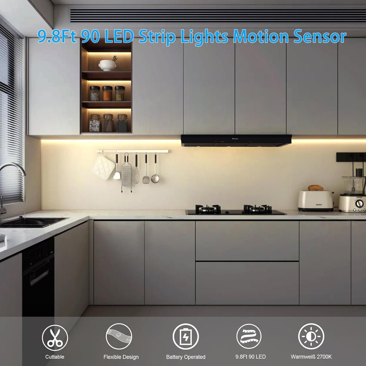 echosari Battery Operated Motion Sensor Cabinet Strip Lights(Warm White)