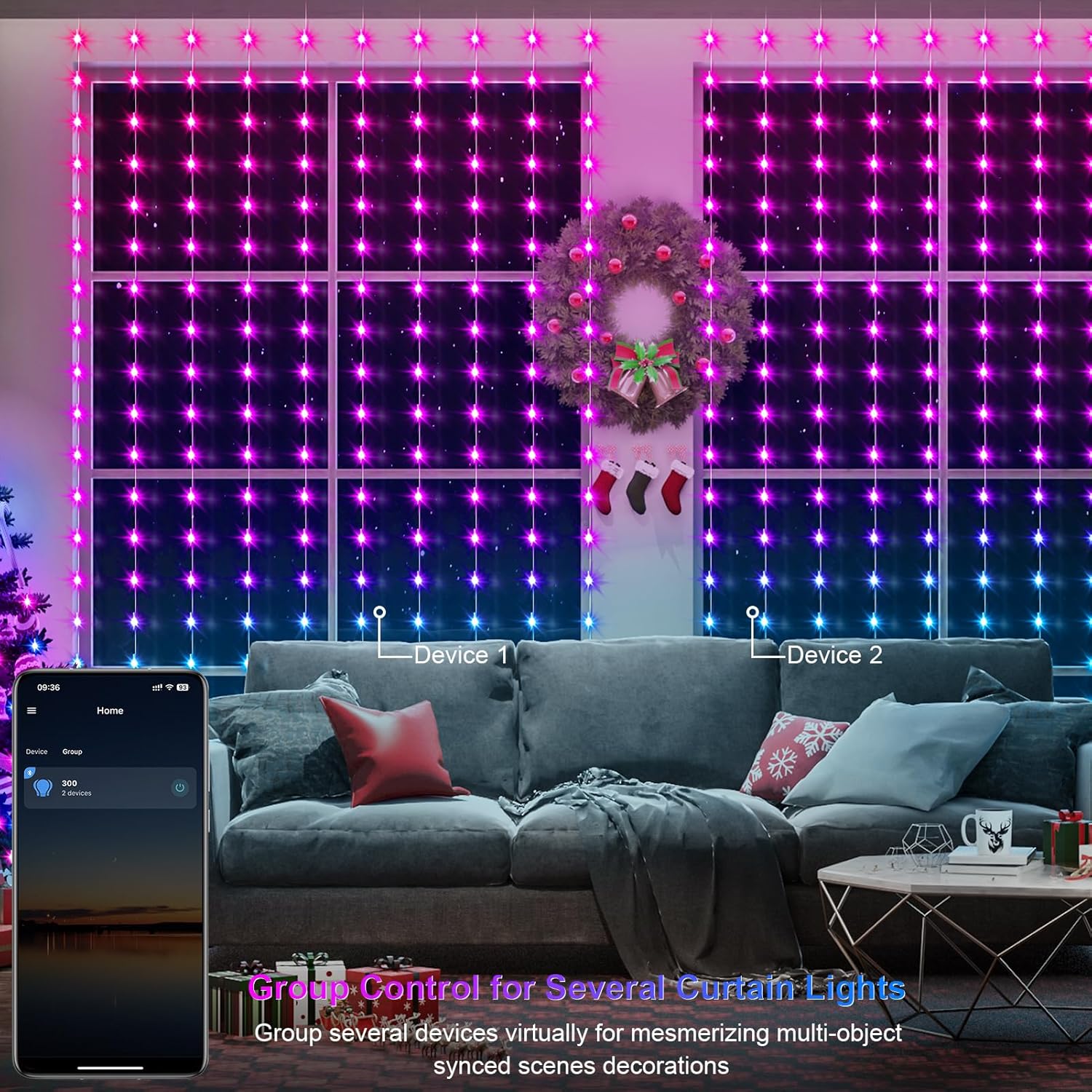 echosari Smart Curtain Lights 6.6ft x 9.8ft 300 LED