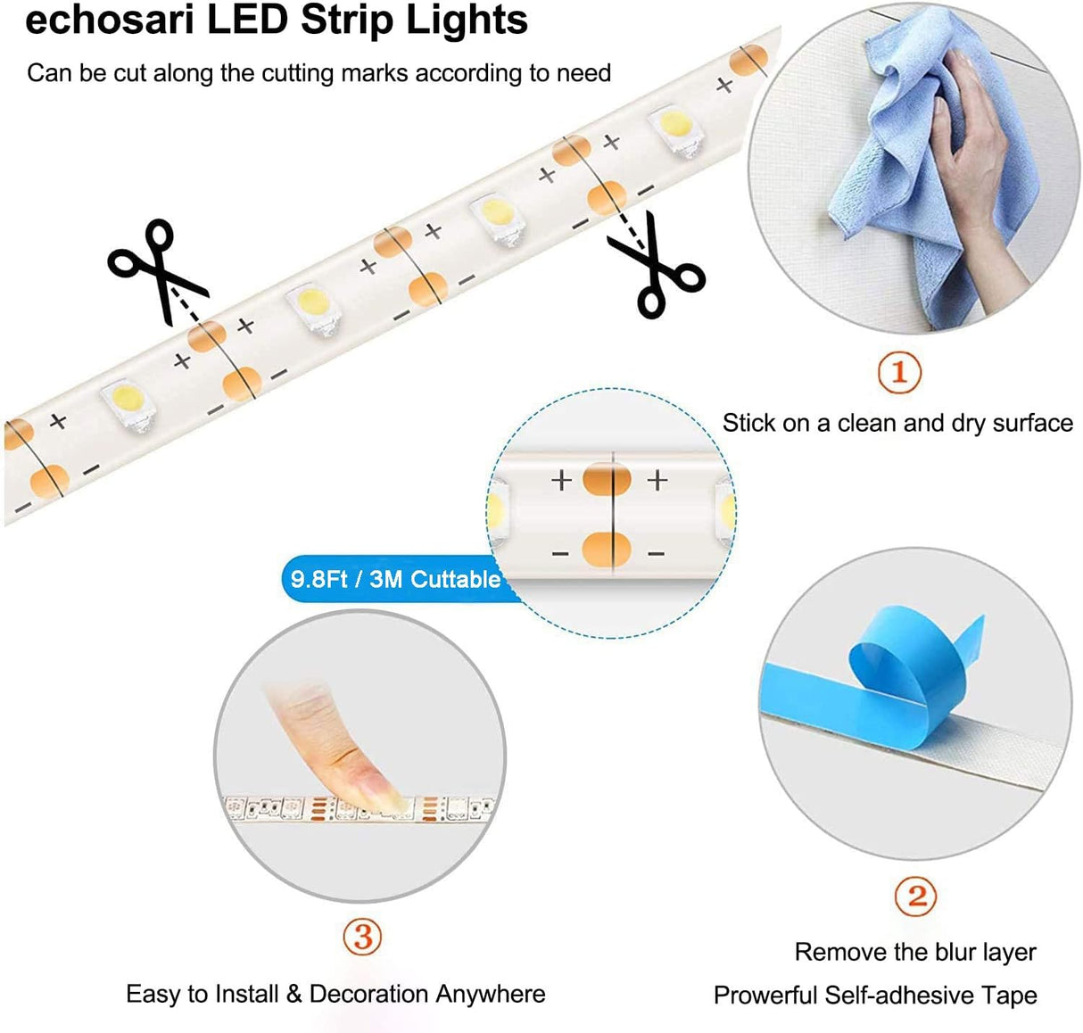 echosari Battery Powered Led Strip Lights 9.8ft 90Led(Cool White)
