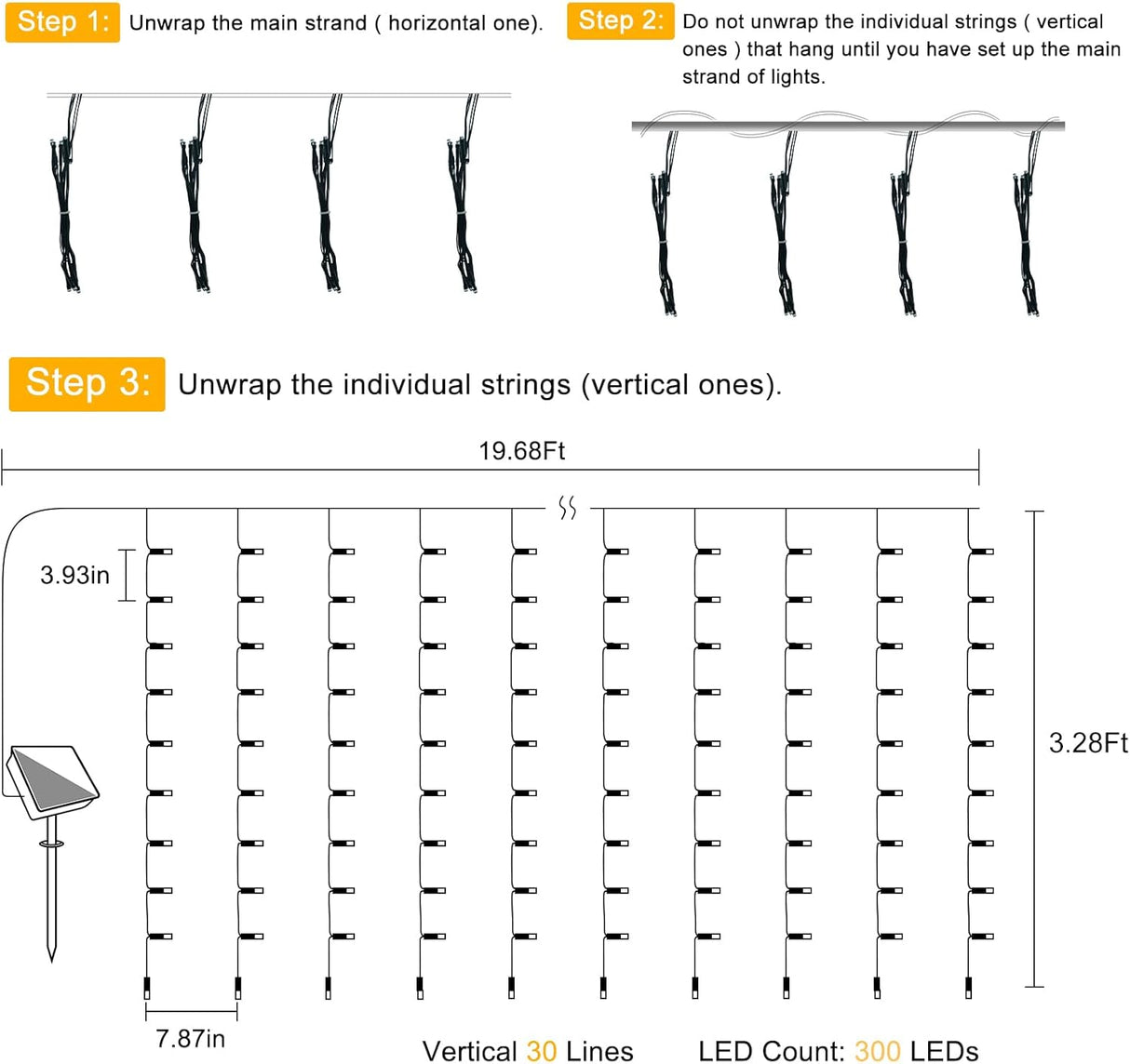 echosari 19.6ft x 3.3ft 300 LED Solar Curtain Lights(Warm White)