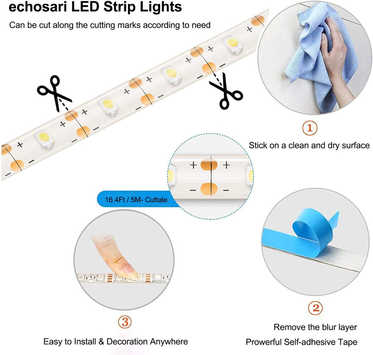 echosari 16.5ft Battery LED Strip Lights Warm White