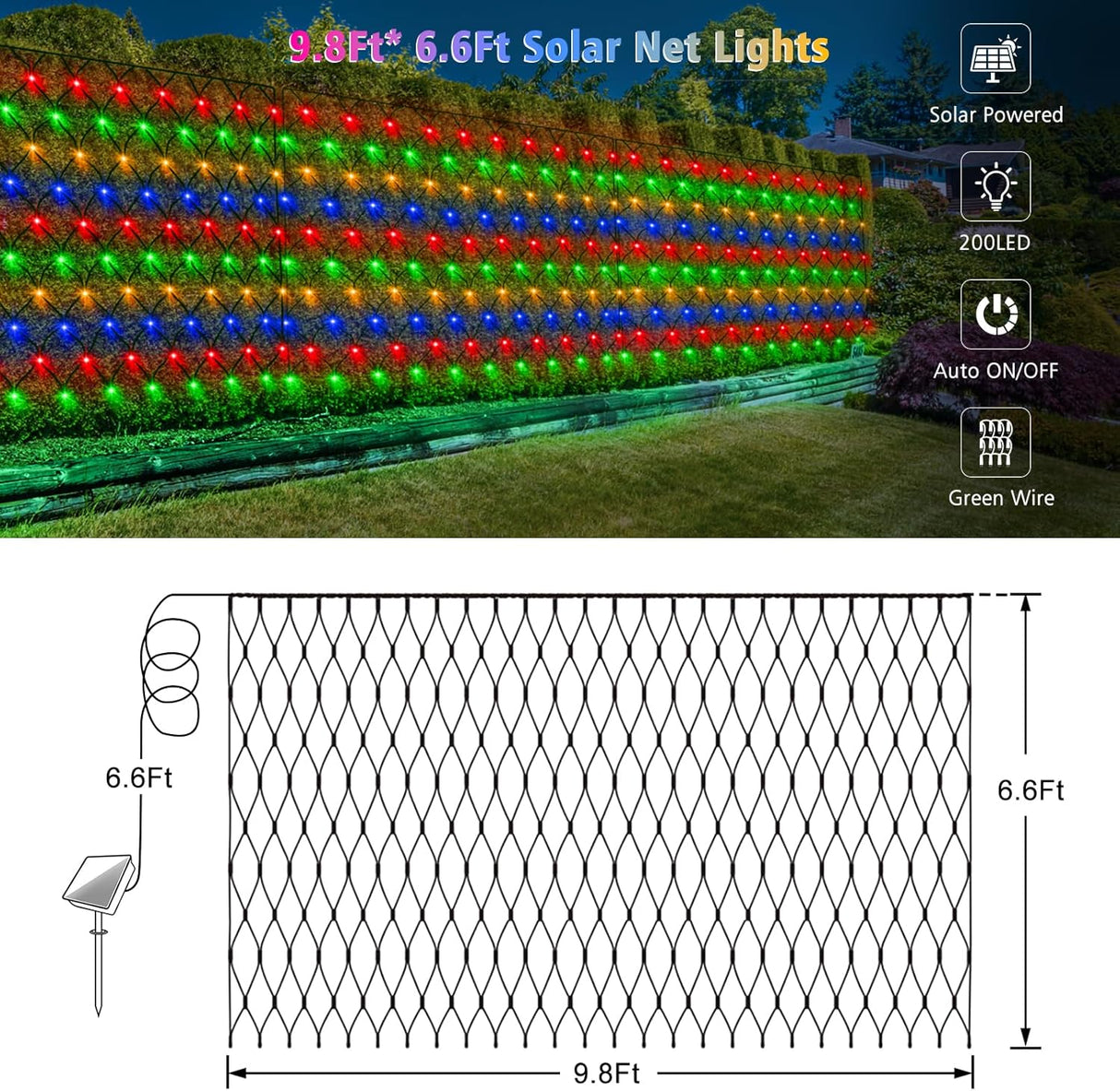 echosari  200 LED 9.8ft x 6.6ft  Solar Powered Net Lights(Multicolor)