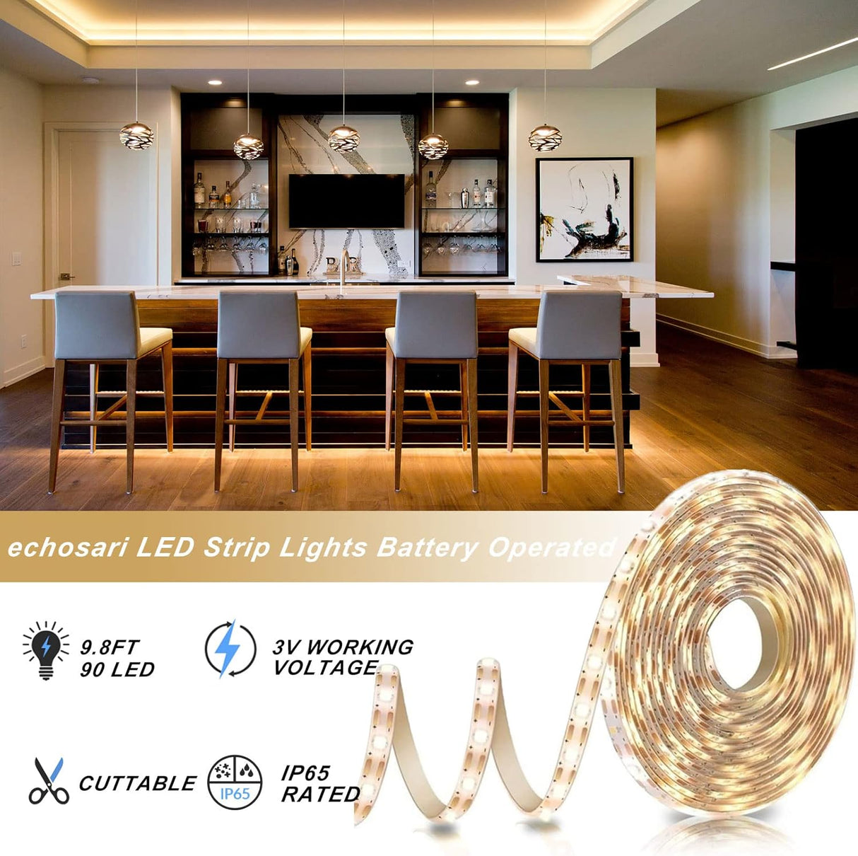 echosari Battery Powered Led Strip Lights 9.8ft 90Led(Warm White)