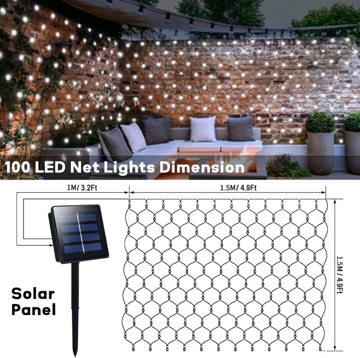 echosari 100 LED 5Ft x 5Ft Solar Net Lights (Cool White)