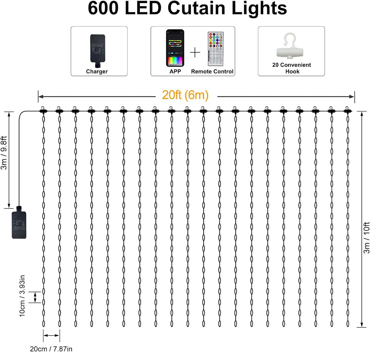 echosari Smart LED Curtain Lights 20Ft x 10Ft 600 LED