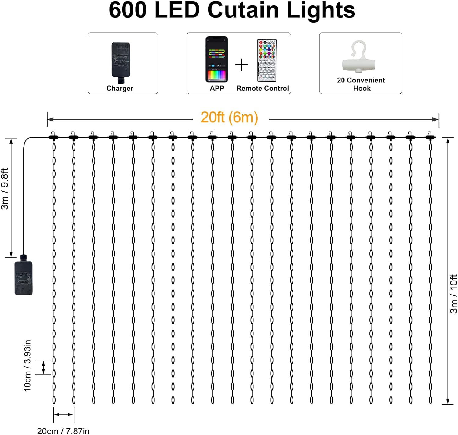 echosari Smart LED Curtain Lights 20Ft x 10Ft 600 LED