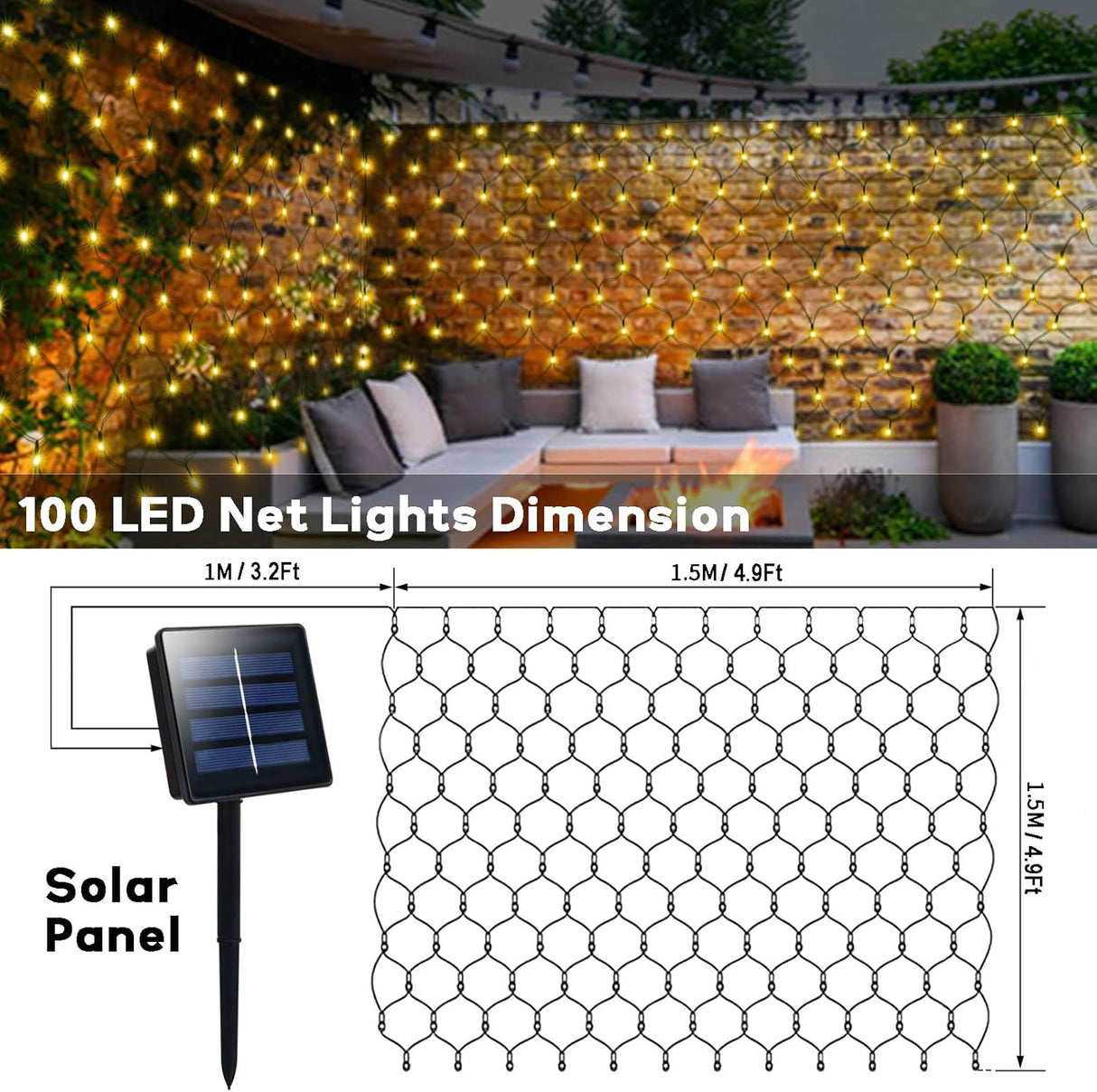 echosari 100 LED 5Ft x 5Ft Solar Net Lights(Warm White)