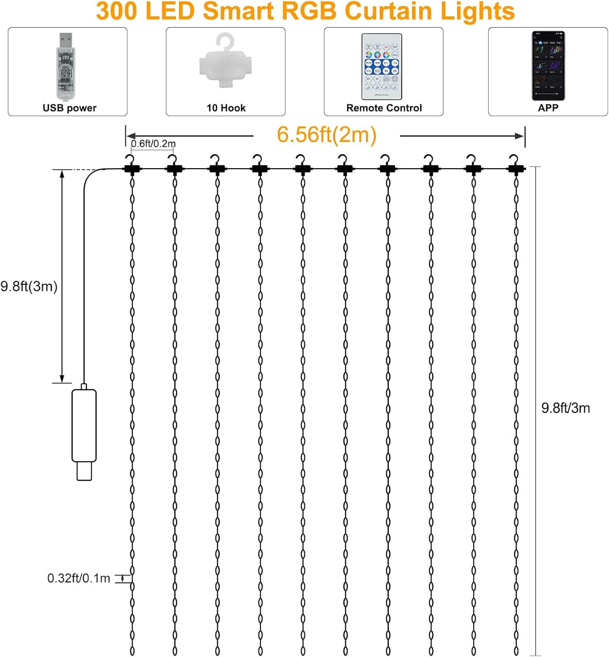 echosari Smart Curtain Lights 6.6ft x 9.8ft 300 LED