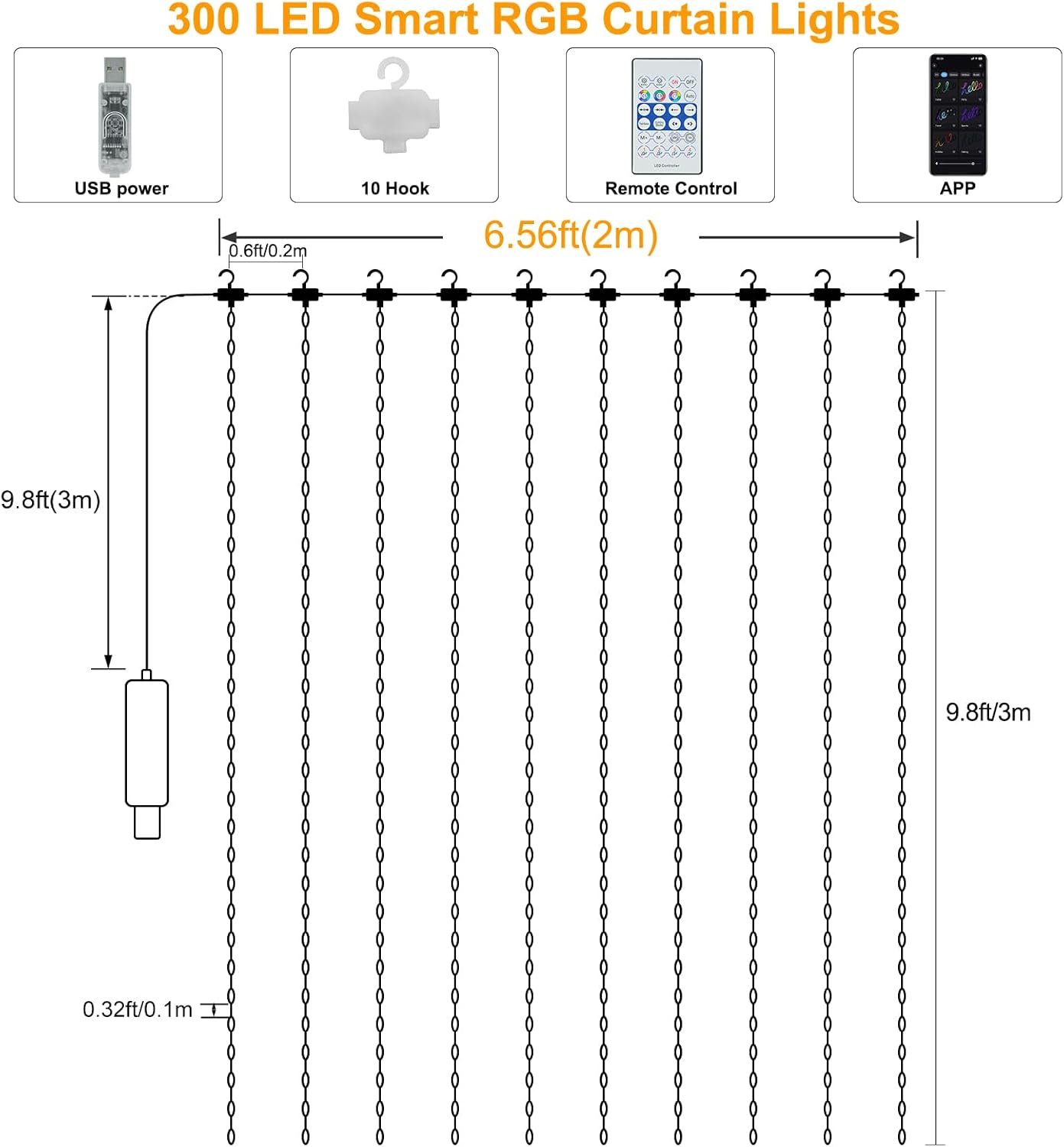 echosari Smart Curtain Lights 6.6ft x 9.8ft 300 LED
