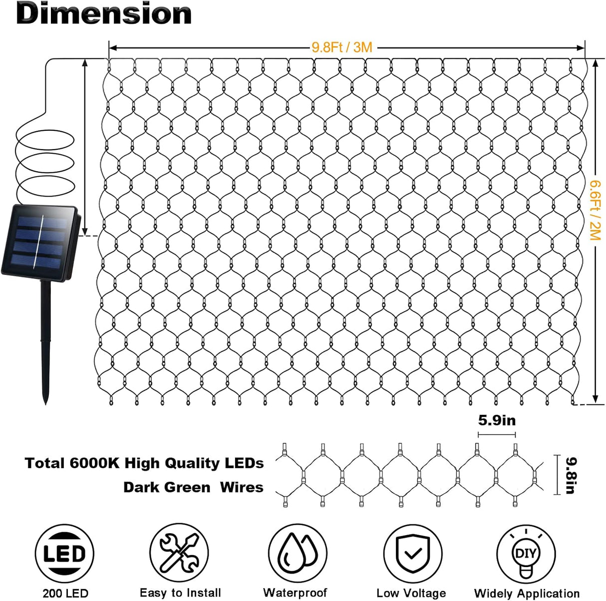 echosari 200 LED 9.8Ft x 6.6Ft  Solar Powered Net Lights(Cool White)
