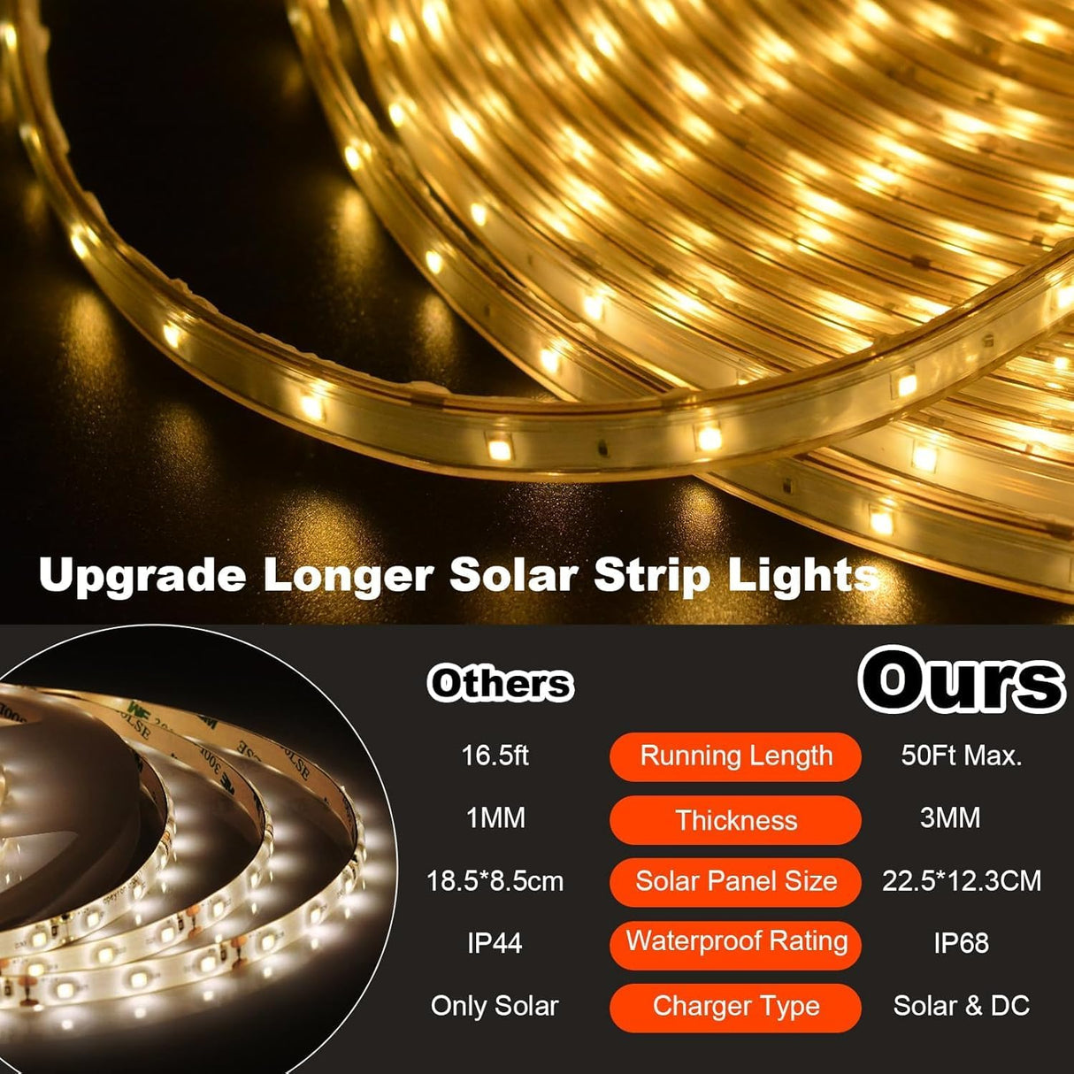 echosari 50ft Solar Strip Lights Outdoor(Warm White)