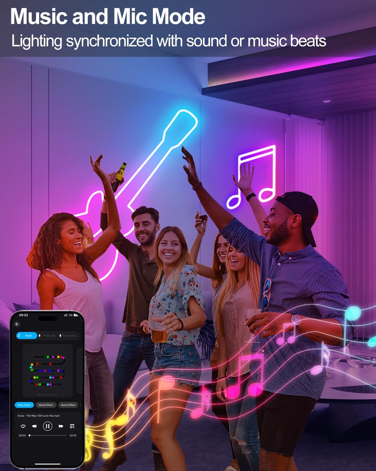 echosari 16.4ft Smart Neon Rope Lights USB