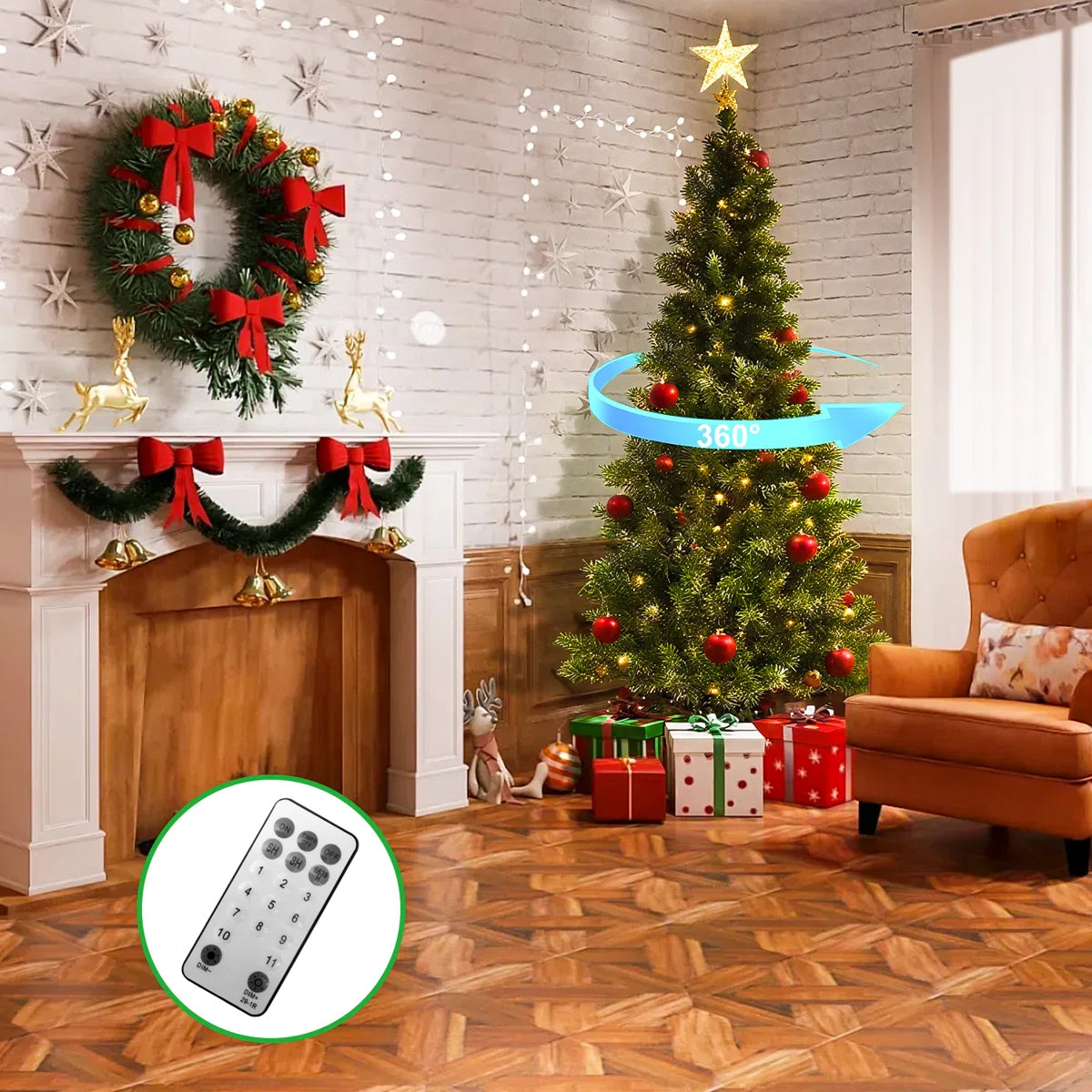 6.2Ft Rotating Artificial Christmas Tree with 360° Spinning Stand, Remote Control, Timer & Dimmable LED Lights