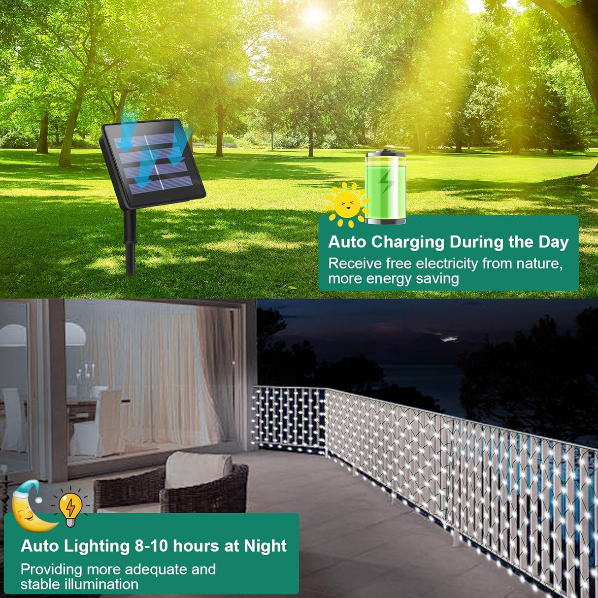 echosari 200 LED 9.8Ft x 6.6Ft  Solar Powered Net Lights(Cool White)